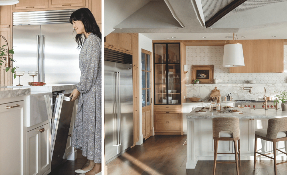 Cove stainless steel dishwasher shown with door open in a contemporary kitchen
