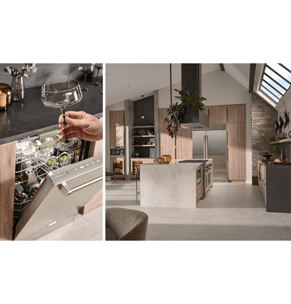 Stainless steel Cove Dishwasher shown in a modern open kitchen design concept equipped with Wolf Gas Range and Sub-Zero Refrigerator