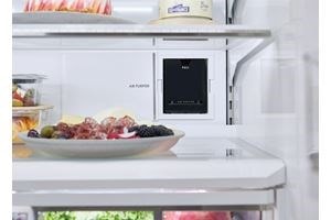 The location of the Sub-Zero Classic Series air purification cartridge displayed in the back of the refrigerator shelving