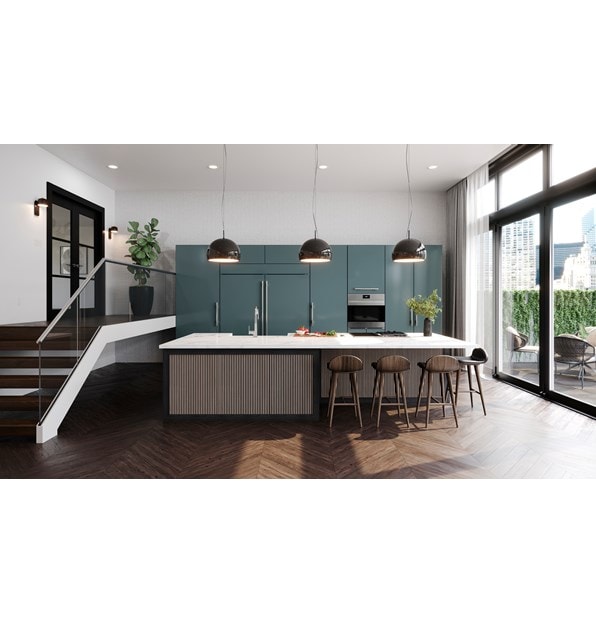 "Exquisite dual Sub-Zero 36-inch Classic Refrigerators panel ready blending seamlessly in a contemporary open and bright loft kitchen. "