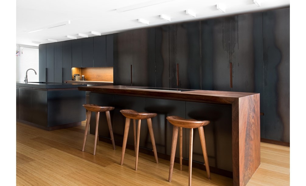 Stunning “Blue Steel” kitchen designed by Eduardo Carrera. Includes Sub-Zero ICBIC-24FI, ICBIC-24R, ICBID-30C fridge models. 