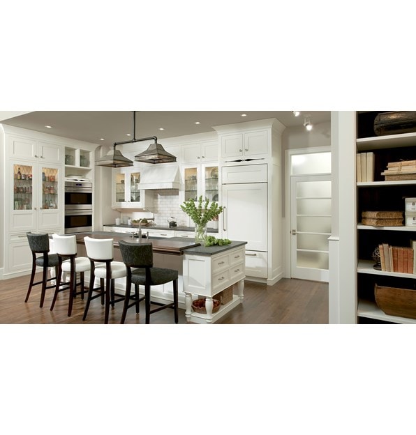 The Wolf 30" E Series Transitional Built-In Double Oven (DO30TE/S/TH) shown complementing a crisp integrated classic kitchen design.