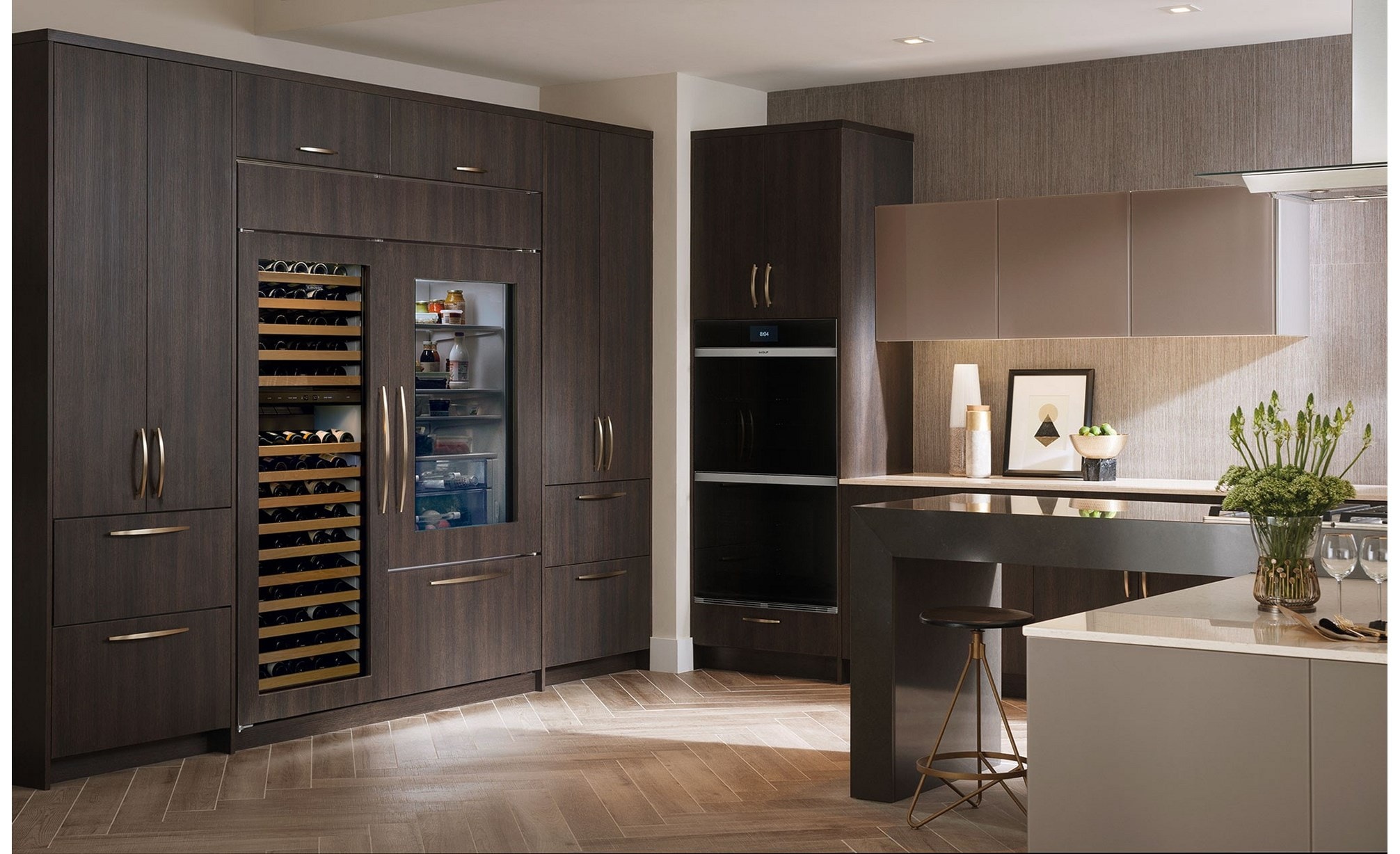 Wolf 30" M Series Contemporary Black Glass Double Oven (DO30CM/B) with Sub-Zero 36" Classic Over Under Glass Door Refrigerator (BI-36UG/O)