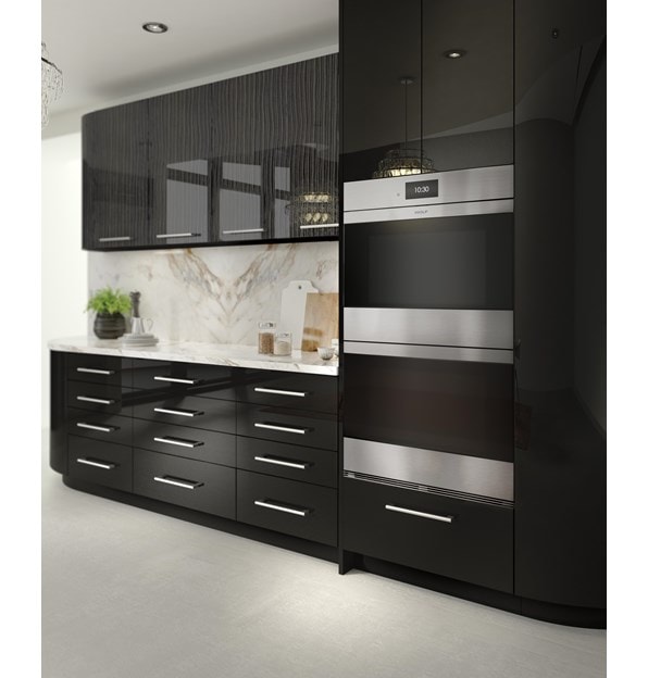 The Wolf 30" M Series Contemporary Stainless Steel Double Oven (DO30CM/S) shown blending seamlessly into modern glossy kitchen cabinetry.