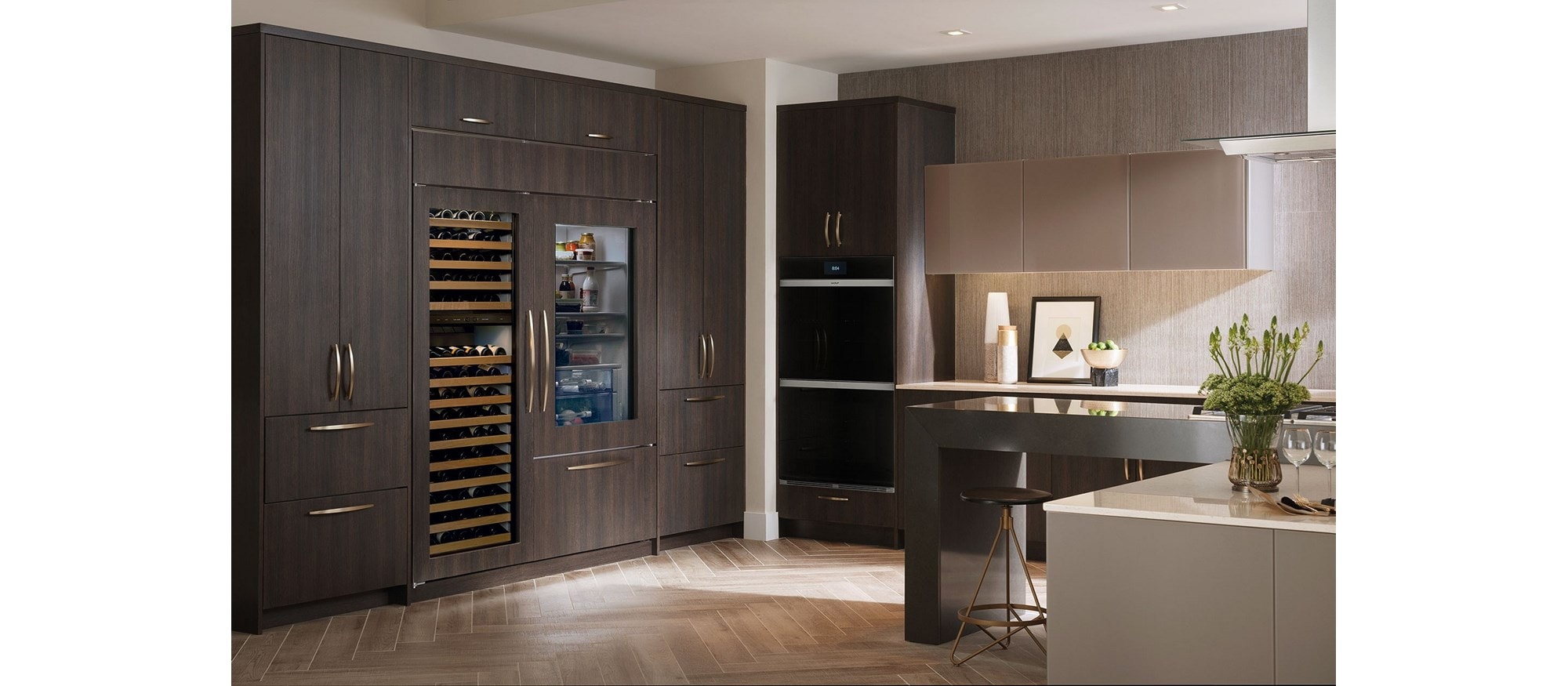 Wolf 30" M Series Contemporary Black Glass Double Oven (DO30CM/B) with Sub-Zero 36" Classic Over Under Glass Door Refrigerator (BI-36UG/O)