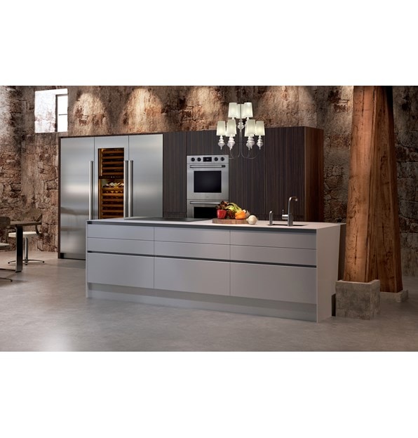 The Wolf 30" M Series Professional Double Oven (DO30PM/S/PH) shown integrated into a rustic minimalist kitchen design style