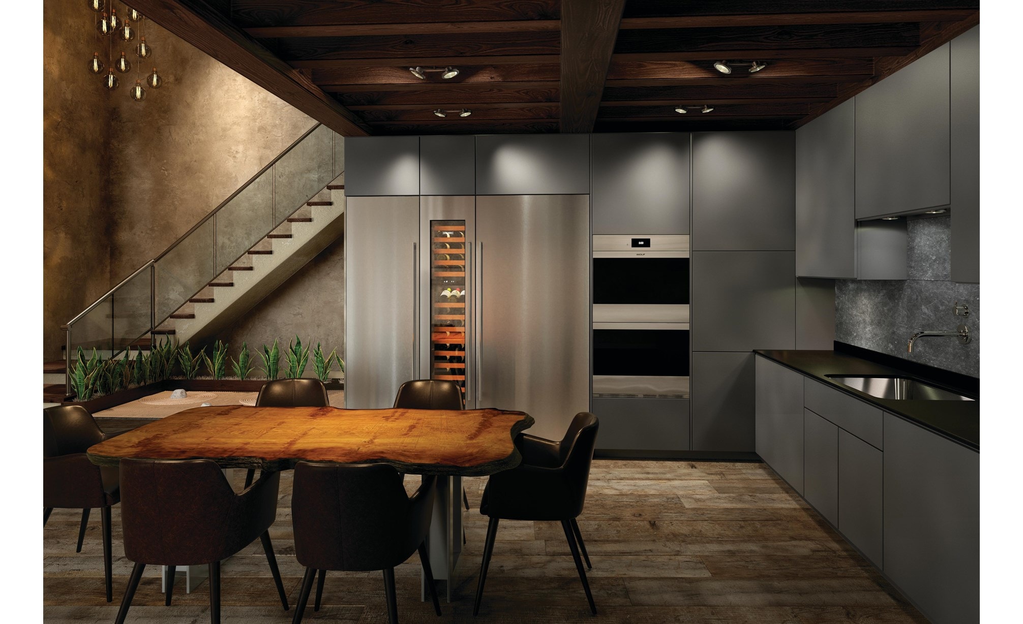 The Wolf 30" M Series Contemporary Stainless Steel Double Oven (DO30CM/S) shown in a classic ultra modern European design kitchen style.