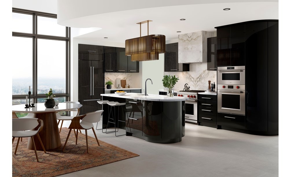 Wolf 30" M Series Professional Convection Steam Oven (CSO3050PM/S/P) immersed in glossy black custom cabinetry kitchen overlooking a city