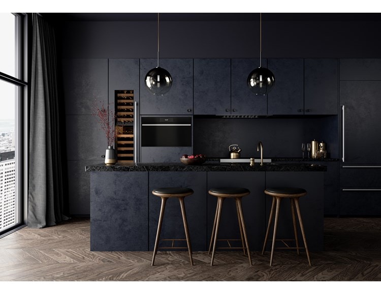 Wolf 30" M Series Contemporary Convection Steam Oven Plumbed (CSOP3050CM/B/T) shown in cloudy dark blue custom cabinetry apartment kitchen
