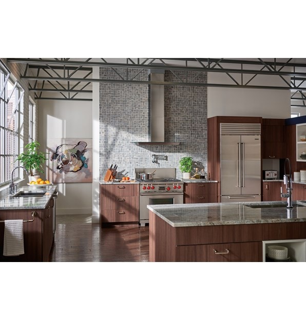 The Wolf 36" Dual Fuel Range 4 Burner Infrared Charbroiler (DF364C) with Wolf 45" Cooktop Wall Hood (VW45G)