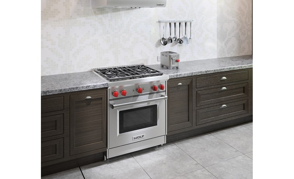 Wolf 30" Gas Range (GR304) Rangetop featuring stainless steel construction and brushed finish offering seamless integration into any kitchen