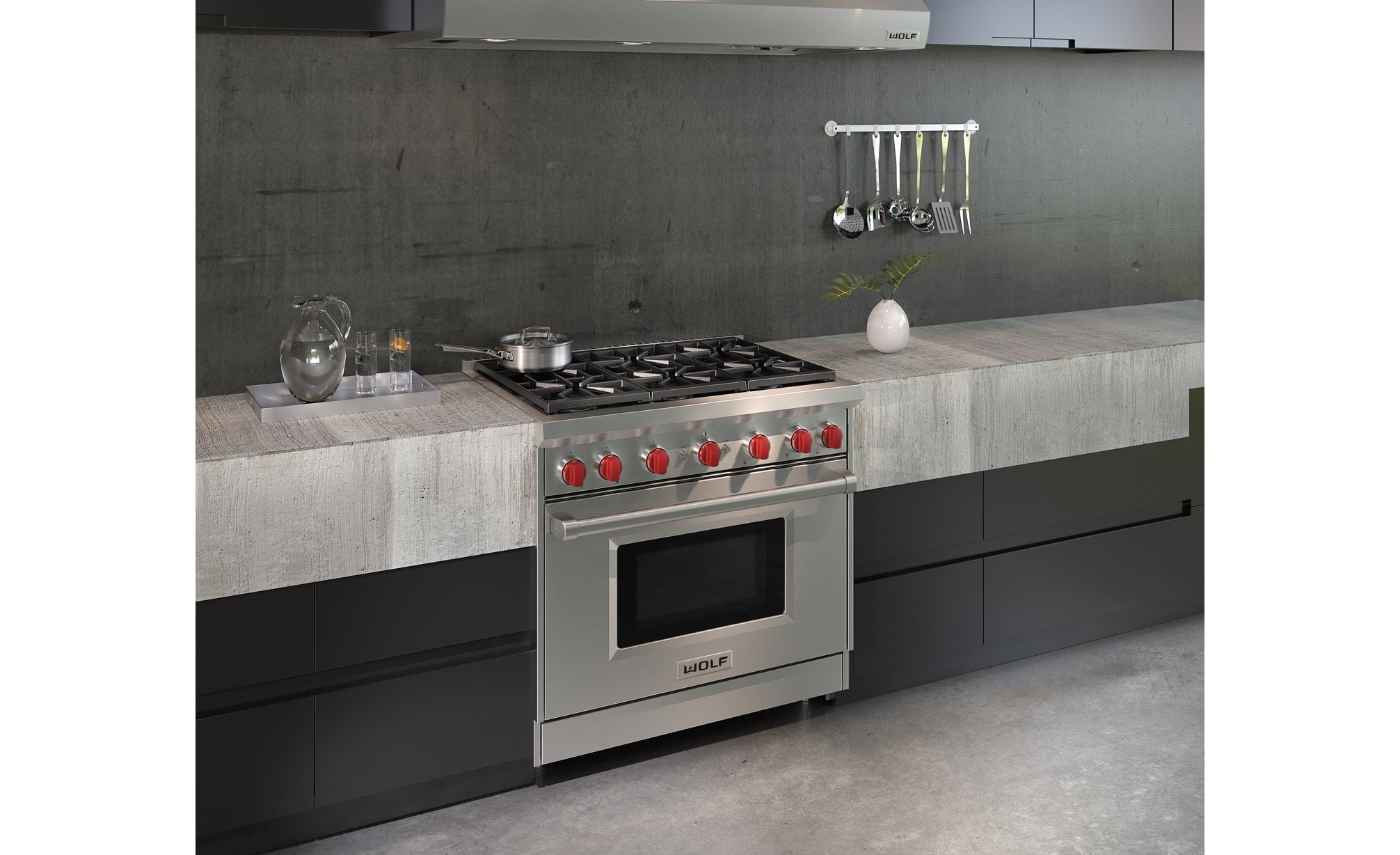 The Wolf 36" Gas Range 6 Burner (GR366) Rangetop shown displaying performance features born of professional kitchens.