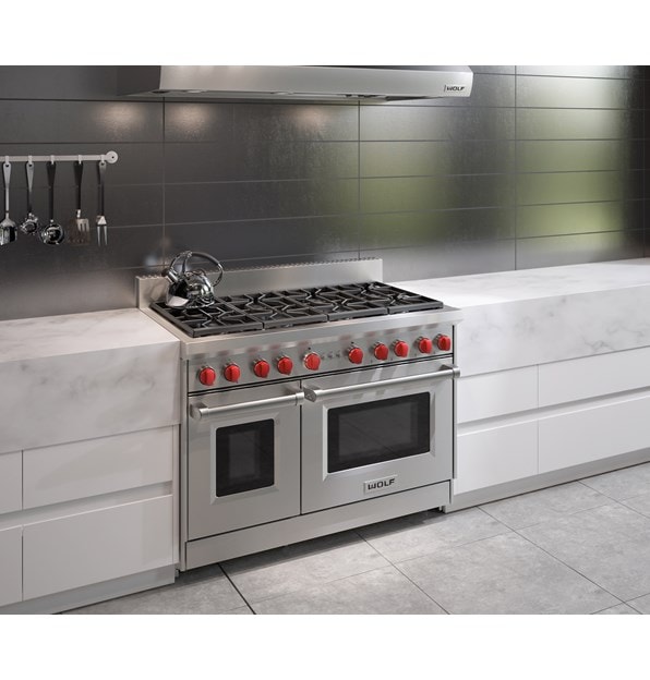 The Wolf 48" Gas Range 8 Burner (GR488) Rangetop with Wolf 48" Pro Wall Hood - 24" Depth (PW482418)
