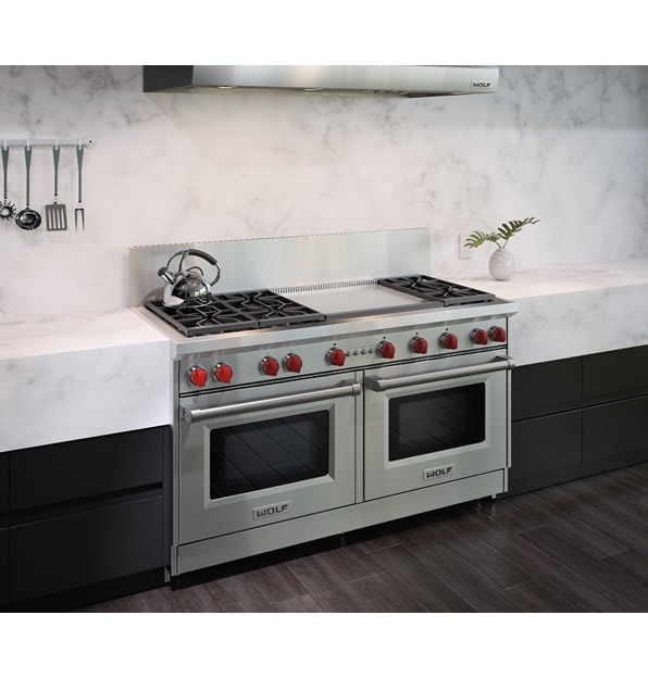 The Wolf 60" Gas Range 6 Burner Infrared Dual Griddle (GR606DG) Rangetop with Wolf 60" Pro Wall Hood - 24" Depth (PW602418)