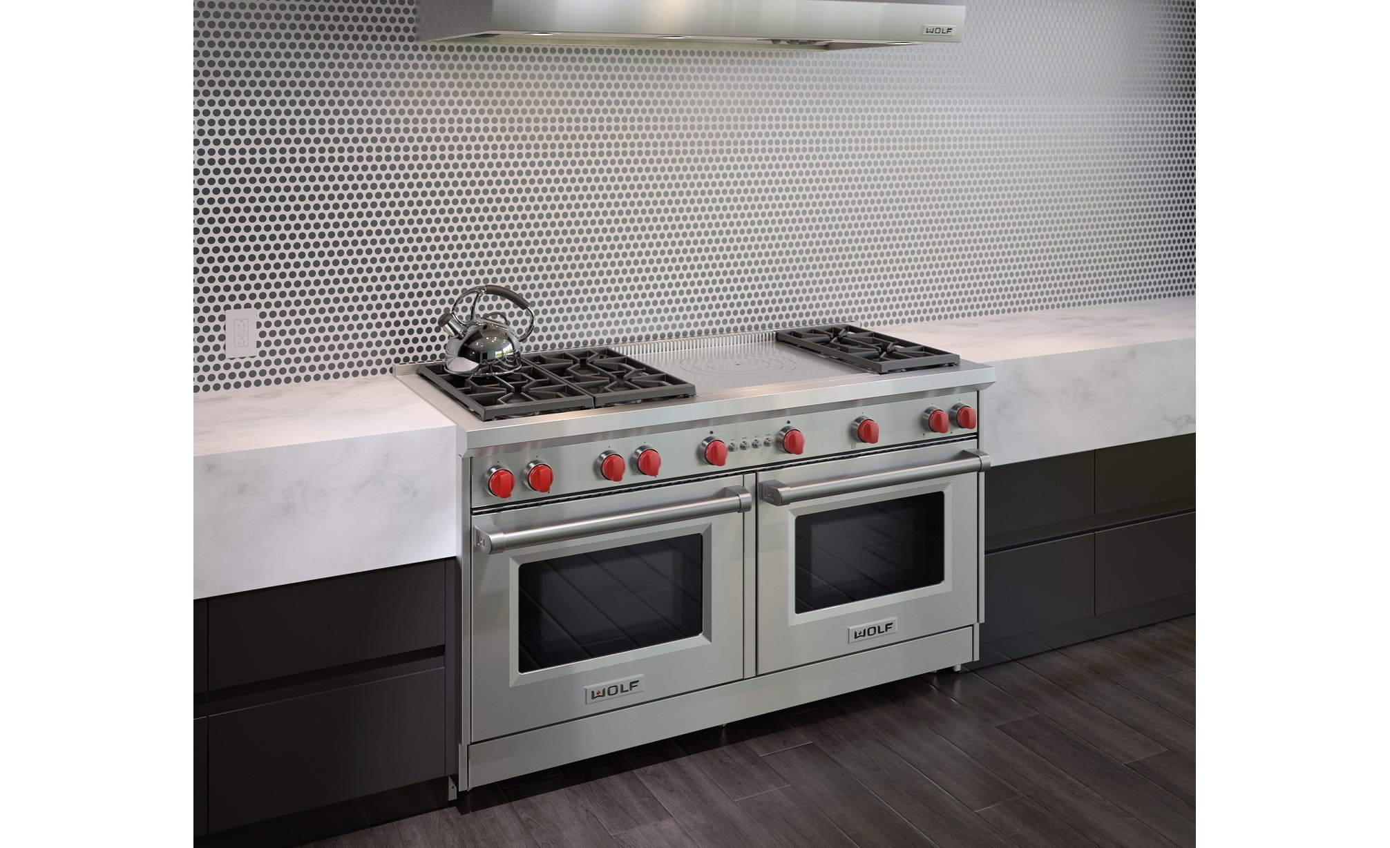 The Wolf 60" Gas Range 6 Burner French Top (GR606F) Rangetop with Wolf 60" Pro Wall Hood - 24" Depth (PW602418)