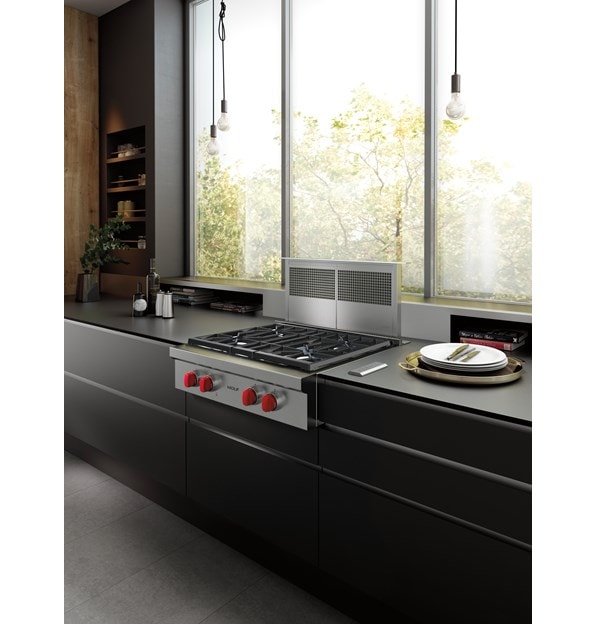 The Wolf 30" Downdraft Ventilation (DD30) featured with Wolf 30" Sealed Burner Rangetop - 4 Burners (SRT304) with signature red knobs