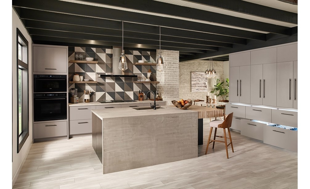 The Wolf 45" Cooktop Wall Hood - Black (VW45B) displayed in an open ultra-modern minimalist kitchen design