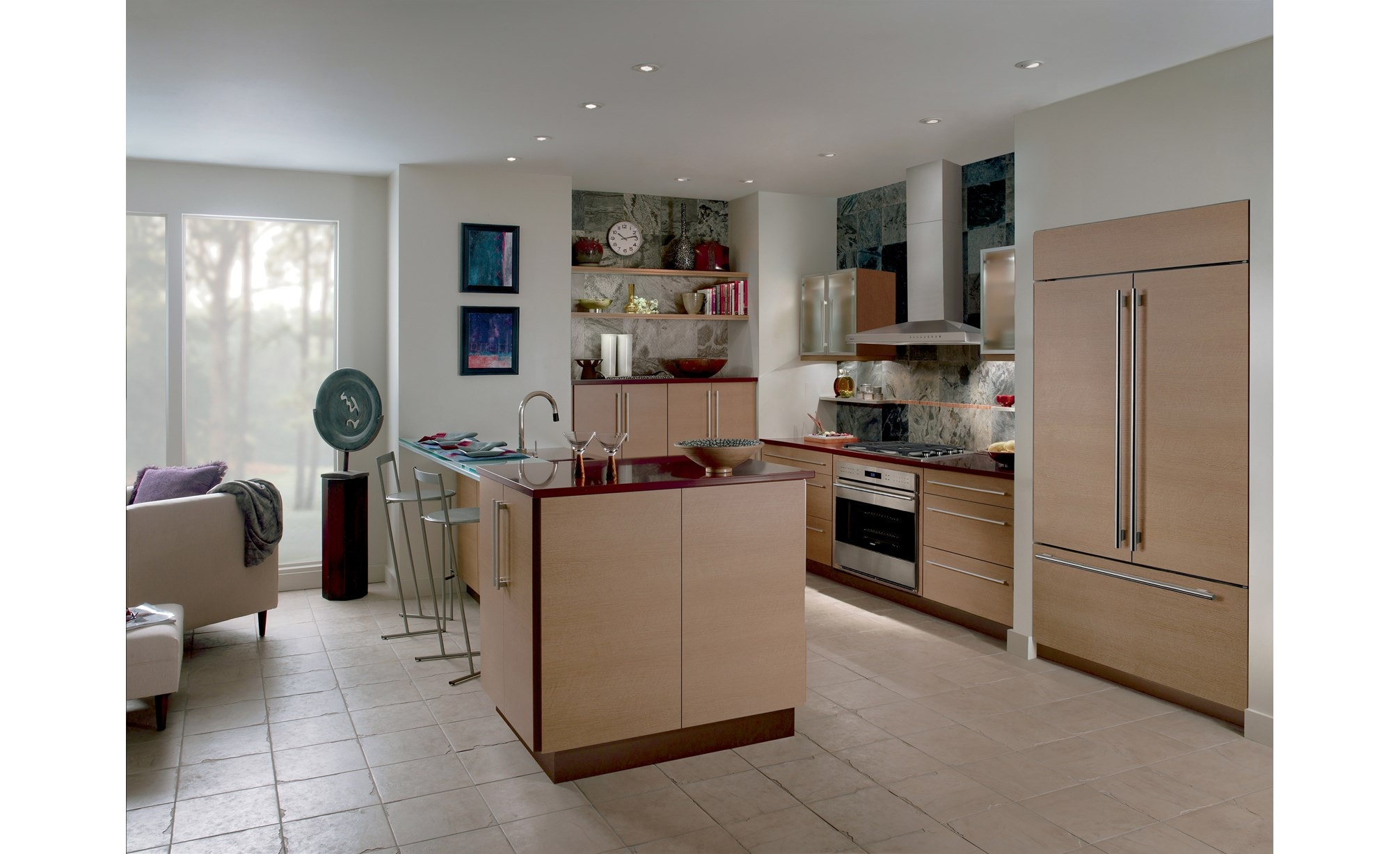 The Wolf 36" Cooktop Wall Hood - Stainless (VW36S) featured with Wolf 30" Transitional Gas Cooktop - 4 Burners (CG304T/S)