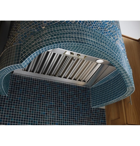 The Wolf 34" Pro Hood Liner 22" Depth (PL342212) shown expertly complimenting an artistic mosaic tiled kitchen range hood