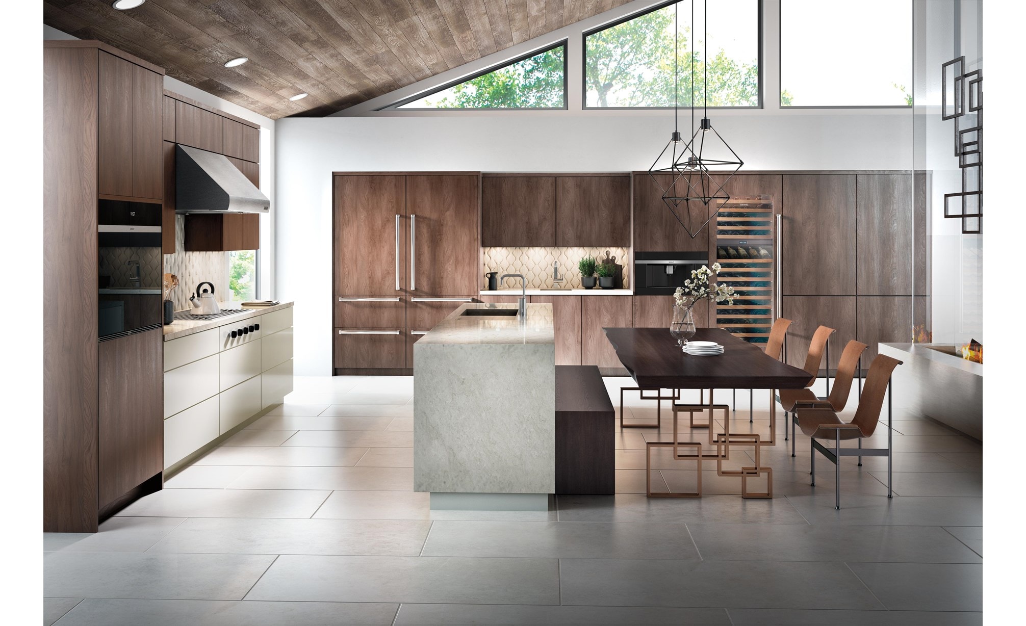 The Wolf 36" Pro Wall Hood - 27" Depth (PW362718) shown in a large luxury kitchen concept featuring smooth wood panel cabinetry