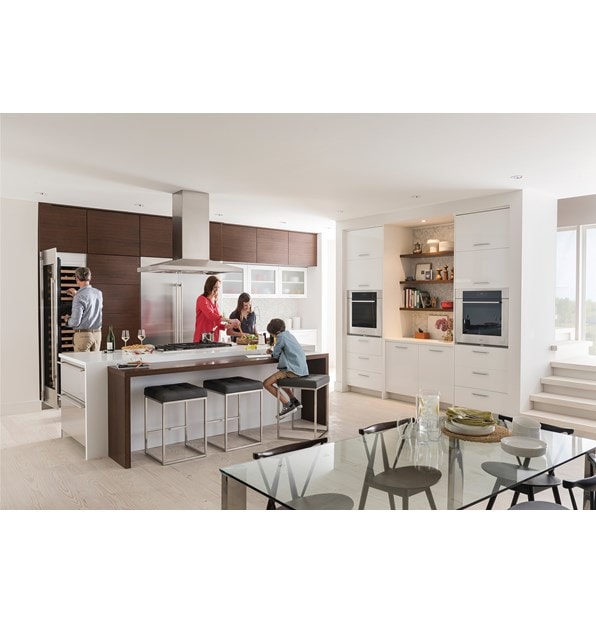 Wolf 42" Cooktop Island Hood Stainless (VI42S) shown in large open kitchen space providing beautiful, powerful and safe kitchen ventilation