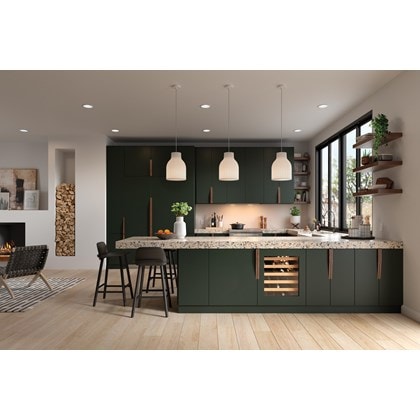 Sub-Zero 24" Designer Undercounter ADA Height Refrigerator - Panel Ready (DEU2450R/ADA) shown in full-kitchen with dark green custom cabinetry