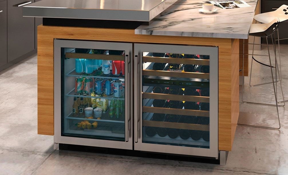 Sub-Zero 24&quot; Undercounter Beverage Center (UC-24BG/S) paired with Sub-Zero 24&quot; Undercounter Wine (UW-24/S) in a modern kitchen design.