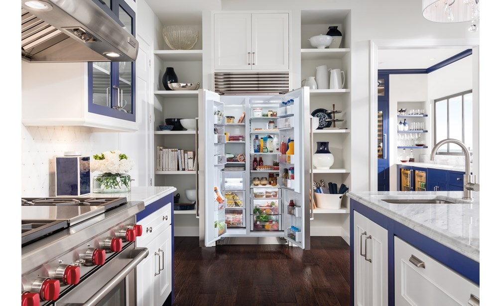 Sub-Zero 36" Classic Side by Side Refrigerator Freezer (BI-36S/S) Formerly Built-In with Wolf 48" Pro Wall Hood - 24" Depth (PW482418)