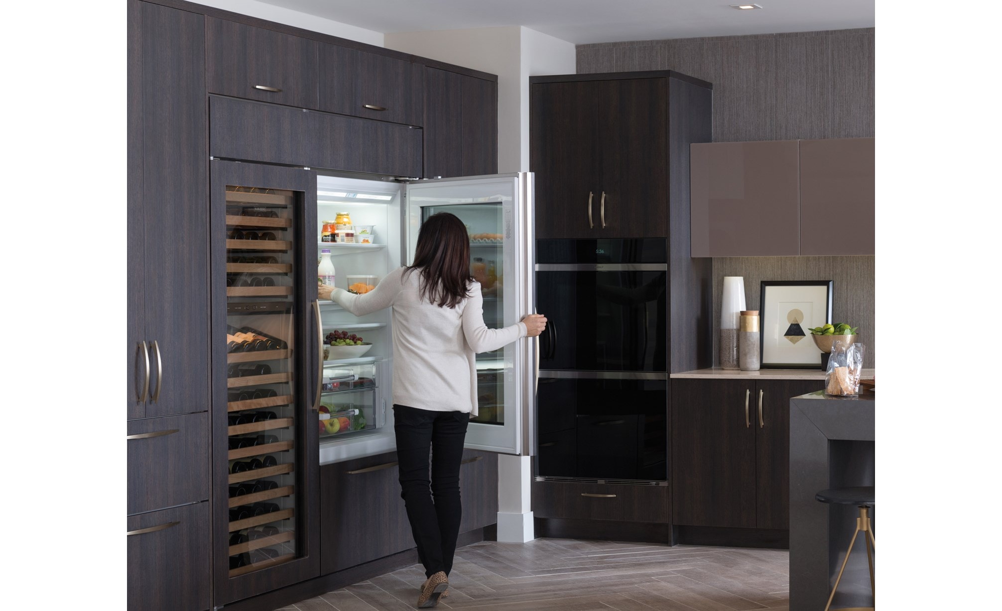 Sub-Zero 36" Classic Over Under Glass Door Refrigerator Freezer Panel (BI-36UG/O) with 30" Classic Column Wine Storage (BW-30/O) 