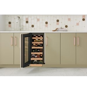 Frontal view of Sub-Zero 15" Designer Undercounter Wine Storage - Panel Ready (DEU1550W) with wine racks extended at increasing lengths from top to bottom