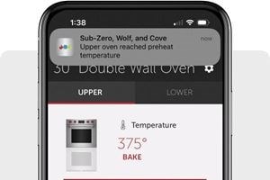 Upper oven reached preheat temperature alert shown using the Sub-Zero, Wolf and Cove Owners App