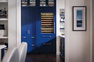 Sub-Zero Designer Column Panel Ready Refrigerator featuring royal blue panels featuring stainless steel handles
