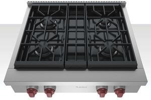 Top view of Wolf Gas Rangetop displaying dual-stacked, sealed gas burners for precise high heat.