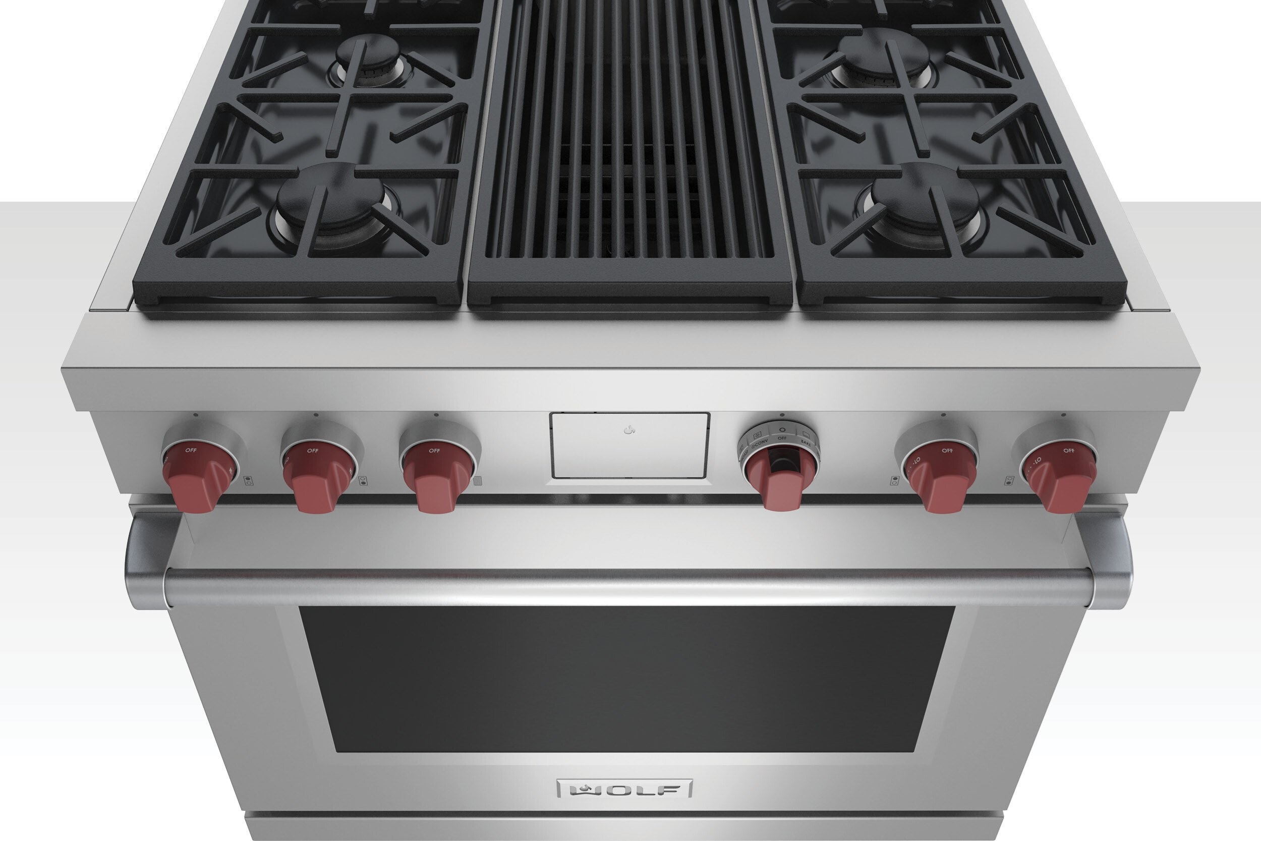 Wolf Dual Fuel Range featuring 4 dual-stacked, sealed gas burners and griddle.