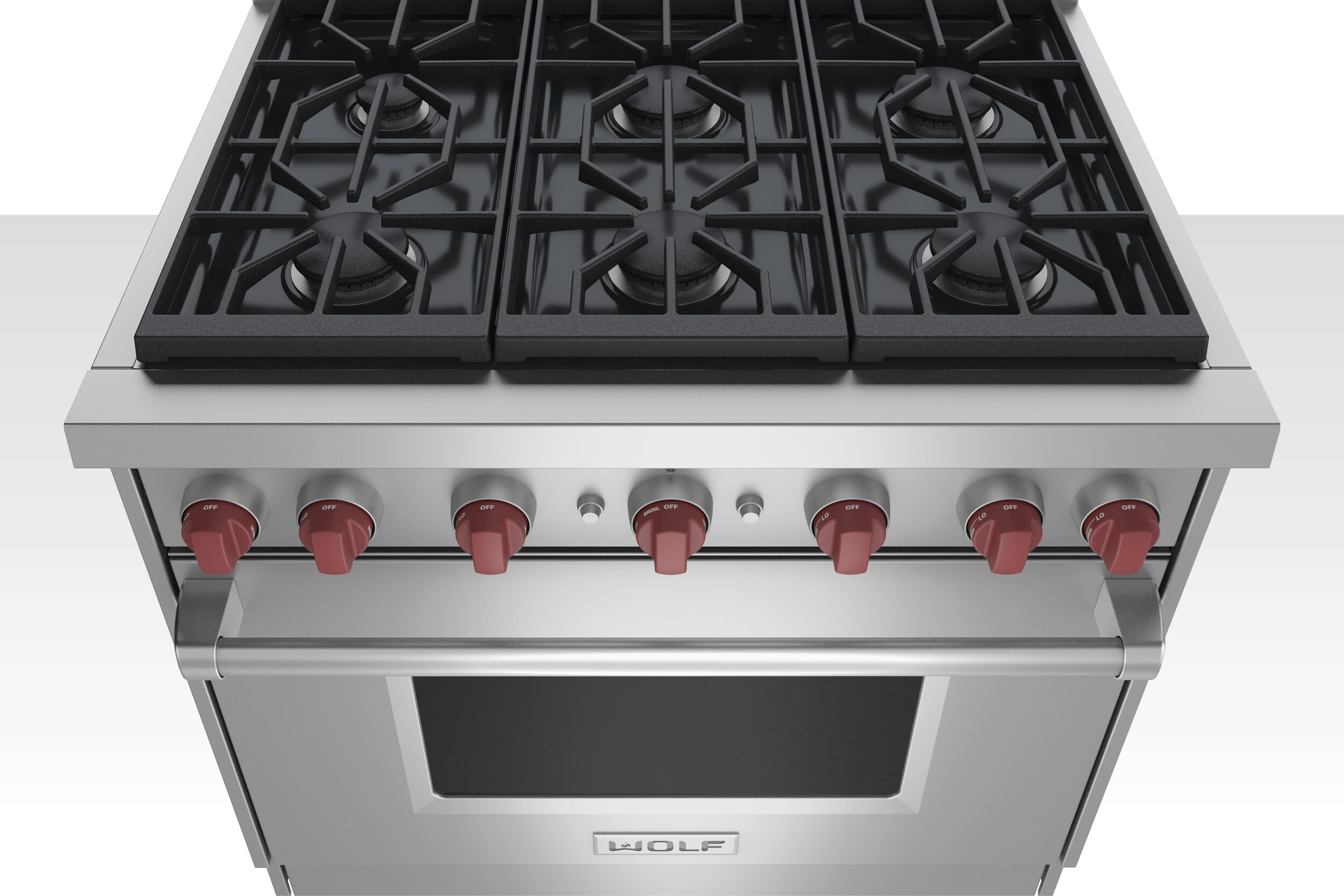 Wolf Gas Range featuring 6 dual stacked sealed gas burners with iconic red control knobs.