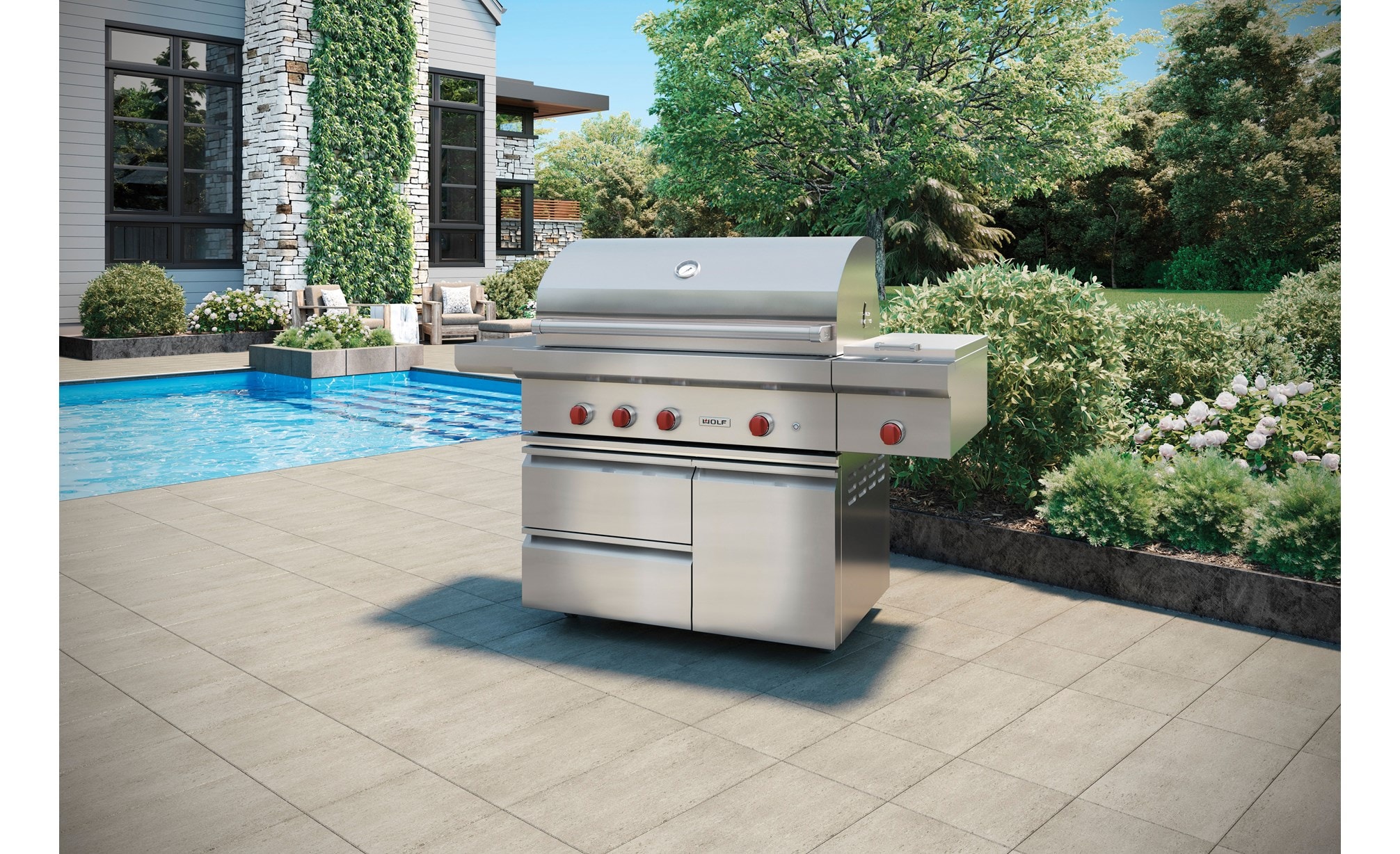 Wolf 42" outdoor freestanding grill conveniently brings the power of Wolf cooking to wherever you need it.