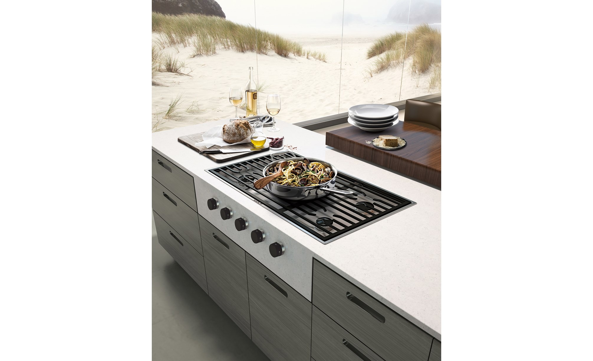 Wolf 36" Contemporary Gas Cooktop 5 Burner (CG365C/S) blends effortlessly with scenic views and streamline kitchen design
