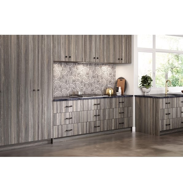 Wolf 30" Transitional Gas Cooktop 4 Burners (CG304T/S) shown in a rich array of textures including rustic wood cabinetry and concrete flooring