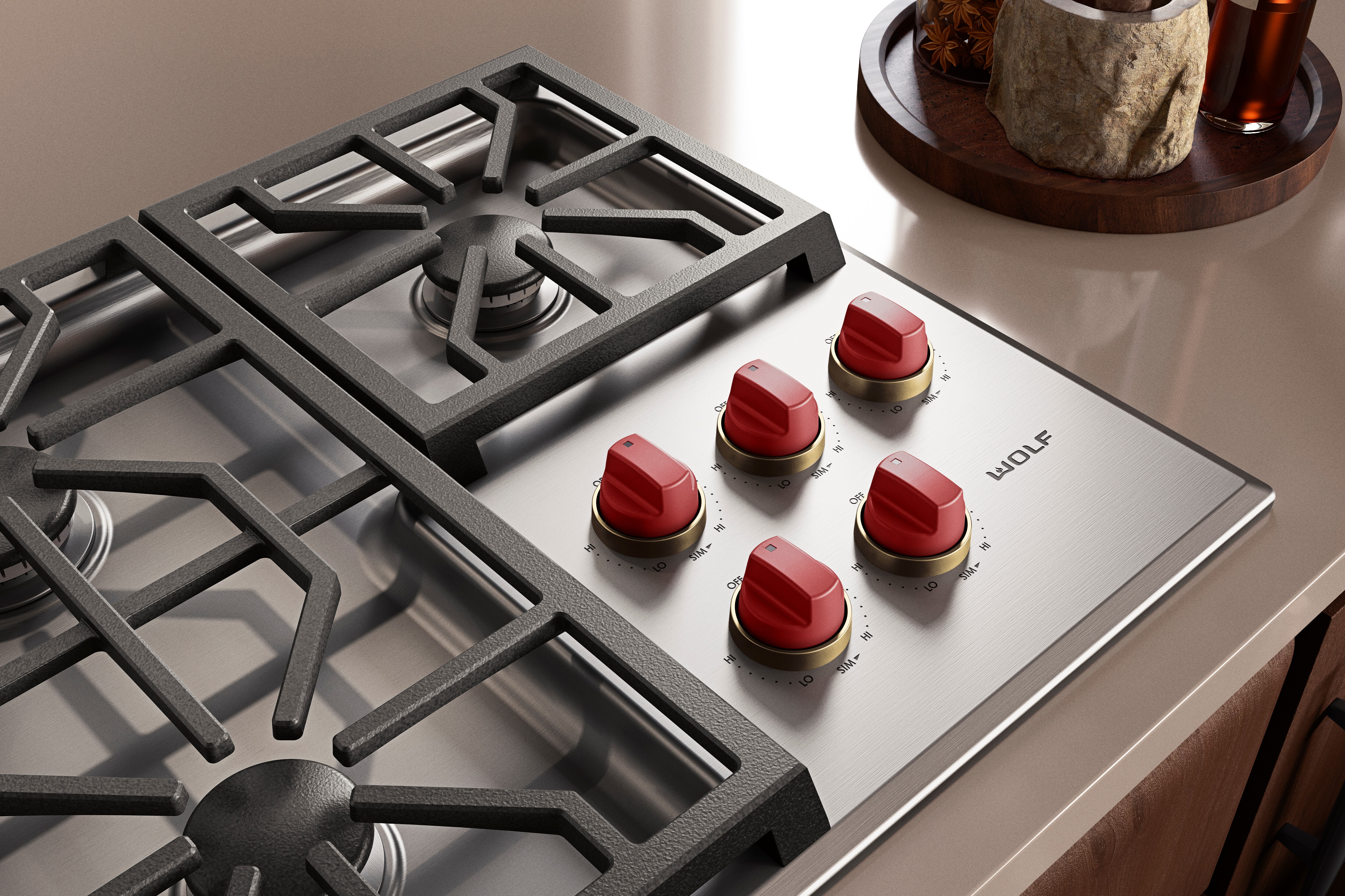 Red knob / Brushed brass bezel