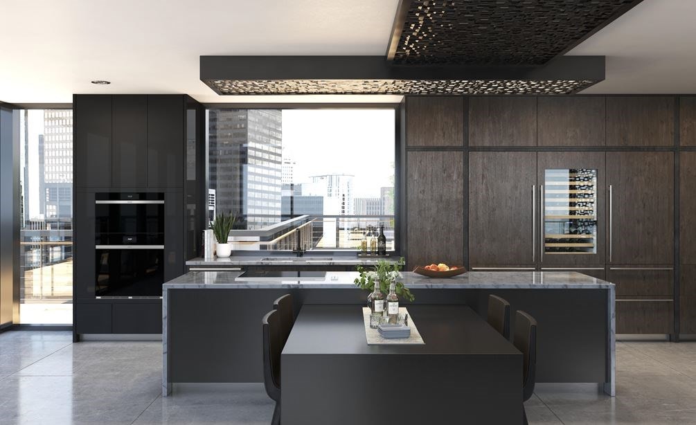 Wolf 30" Transitional Induction Cooktop featured in a modern high rise black and wood kitchen design.