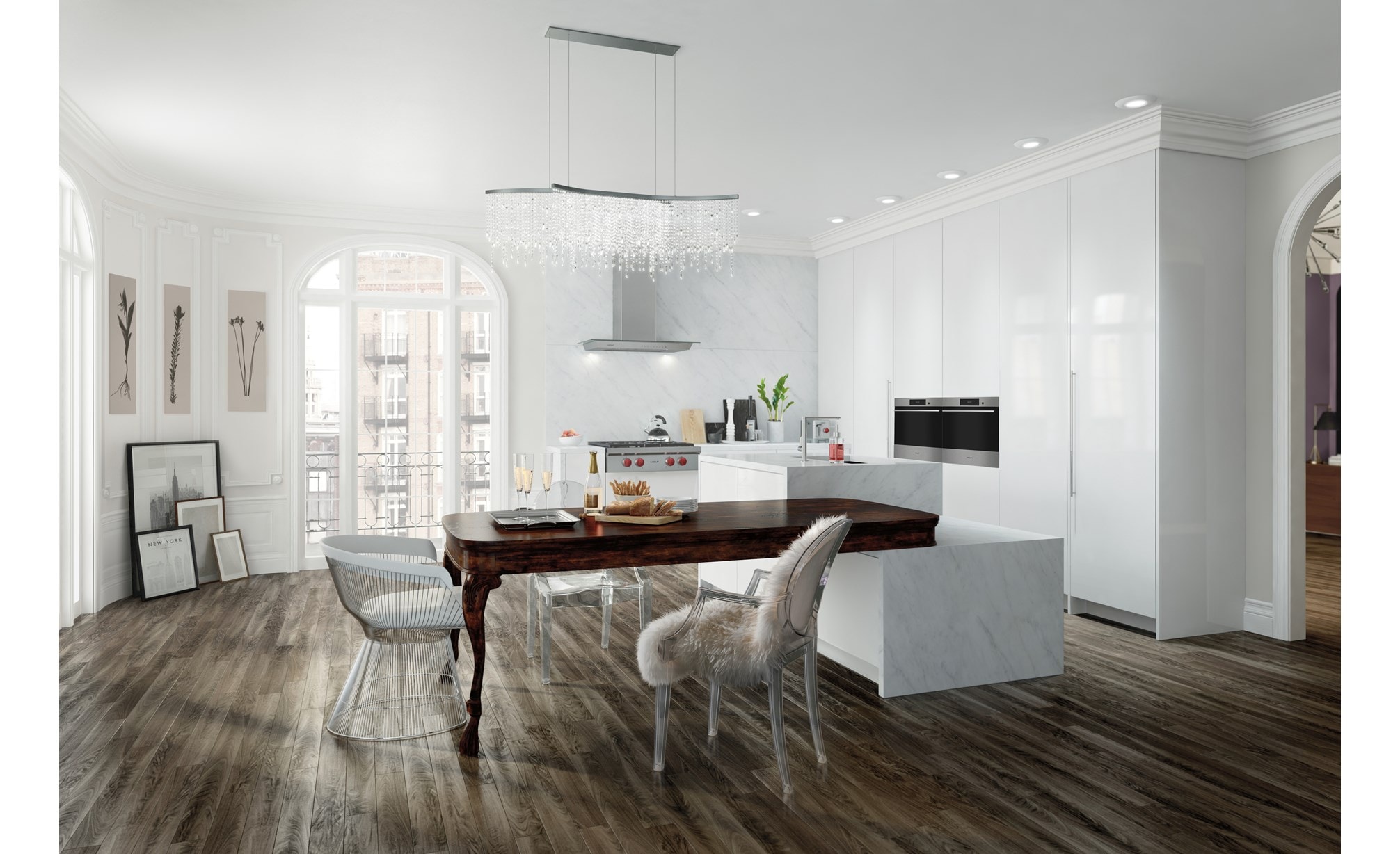 The Wolf 30" Sealed 4 Burner Rangetop (SRT304) shown blending seamlessly in a crisp white contemporary open kitchen space.