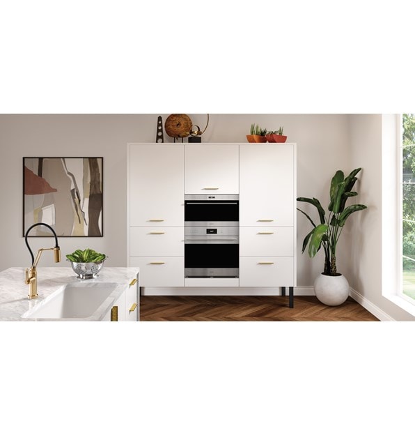 The Wolf 30" E series Transitional Drop-Down Door Microwave Oven (MDD30TE/S/TH) in ultra-modern rich dark tone wood floor kitchen design