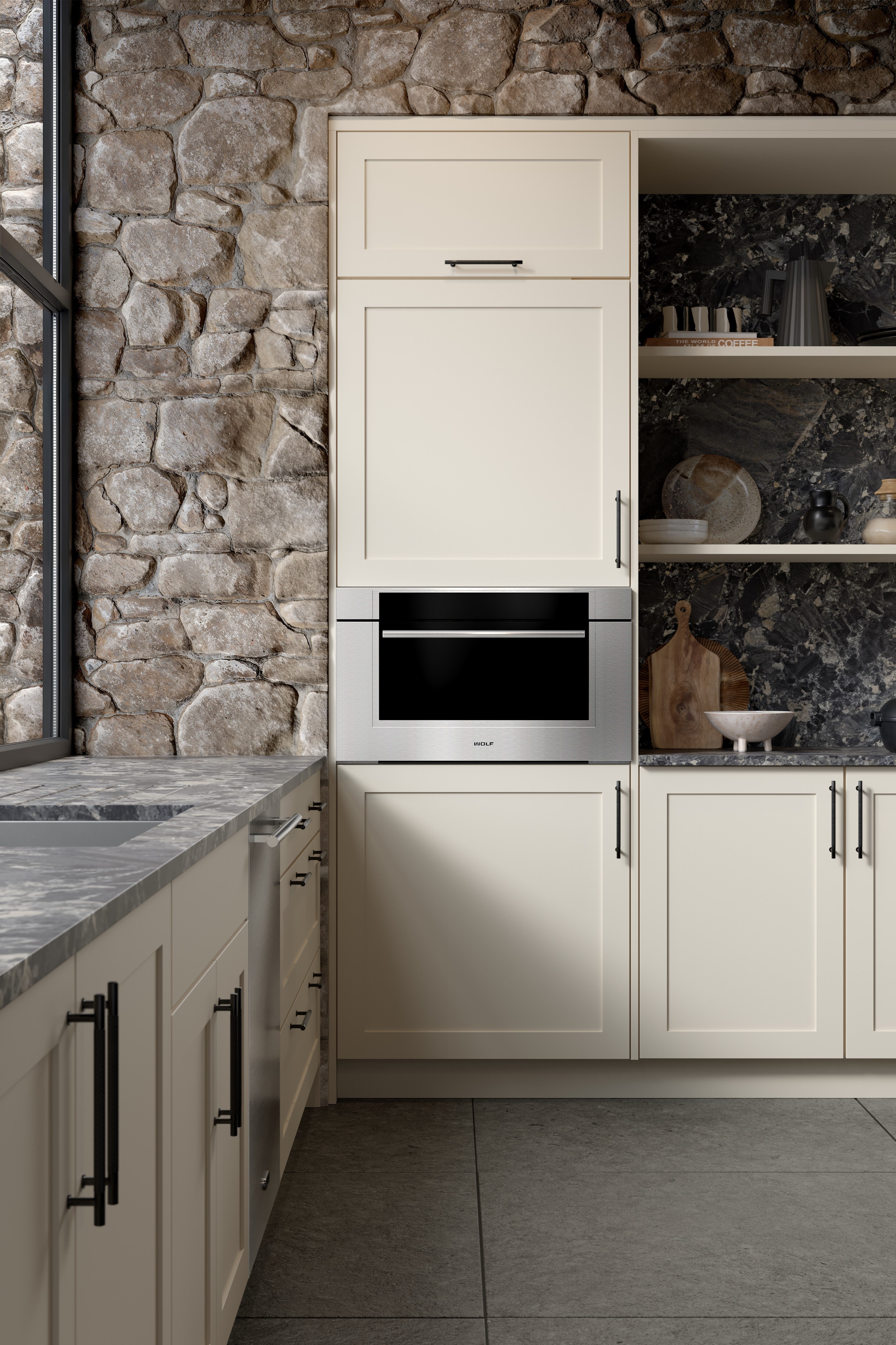 A close-up of the Wolf Transitional Speed Oven inside a brick kitchen with white-colored cabinets