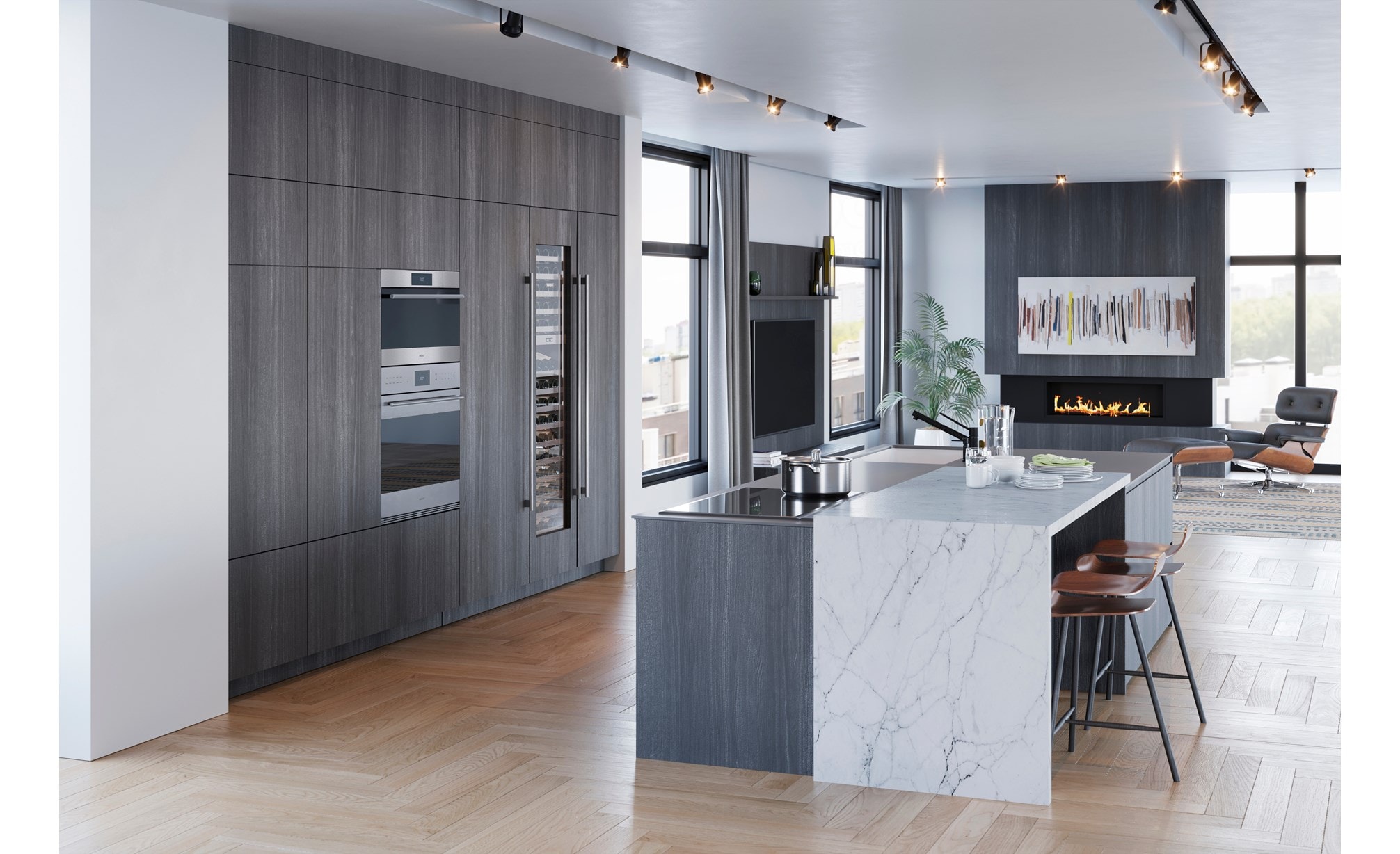Wolf 30" E Series Transitional Convection Steam Oven Plumbed (CSOP3050TE/S/T) displayed in custom gray wooden cabinetry in minimalist kitchen and living room