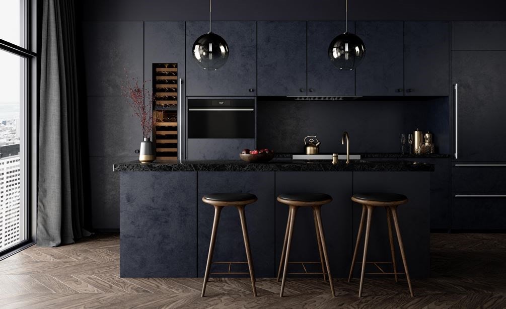 Wolf 30&quot; M Series Contemporary Convection Steam Oven Plumbed (CSOP3050CM/B/T) shown in cloudy dark blue custom cabinetry apartment kitchen