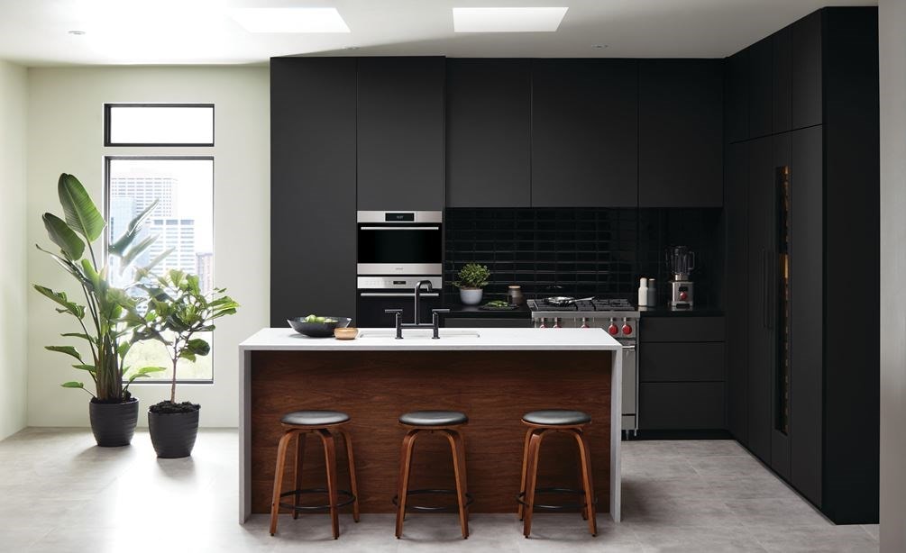 Wolf 24&quot; E Series Transitional Convection Steam Oven (CSO2450TE/S/T) surrounded by black cabinetry in a sunlit apartment kitchen