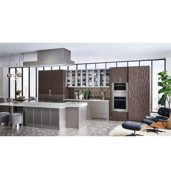 Wolf 30" M Series Transitional Convection Steam Oven (CSO3050TM/S/T) shown alongside wavy chocolate paneled cabinetry and white quartz countertops