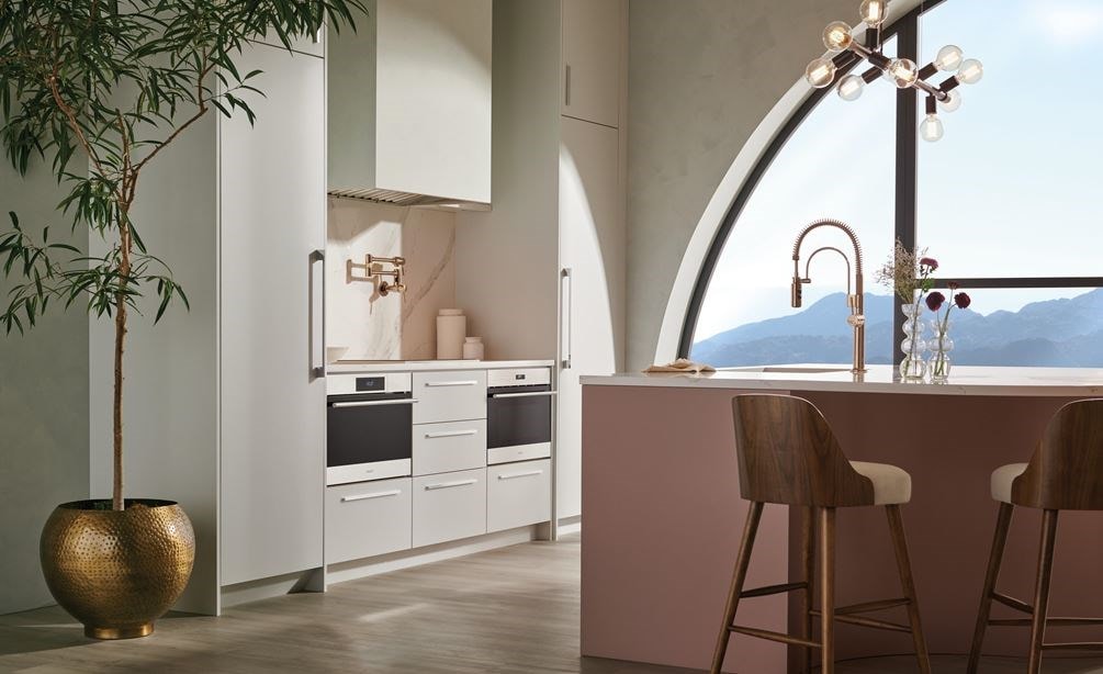 Wolf 24&quot; E Series Transitional Convection Steam Oven (CSO2450TE/S/T) displayed in white custom cabinetry kitchen overlooking mountains