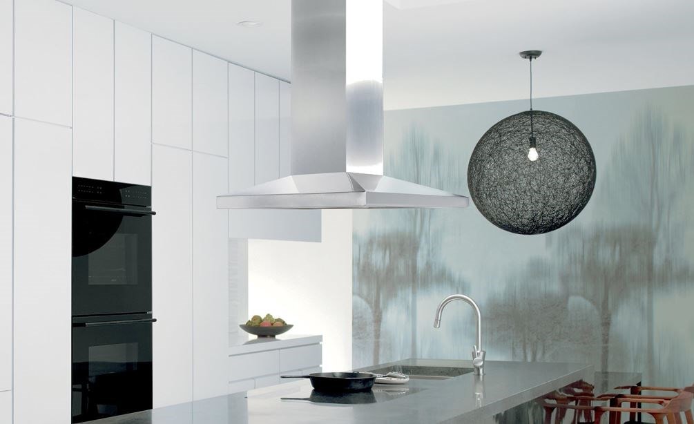 Wolf 42&quot; Cooktop Island Hood Stainless (VI42S) shown adding a polished touch as the centerpiece in this sleek black and white design
