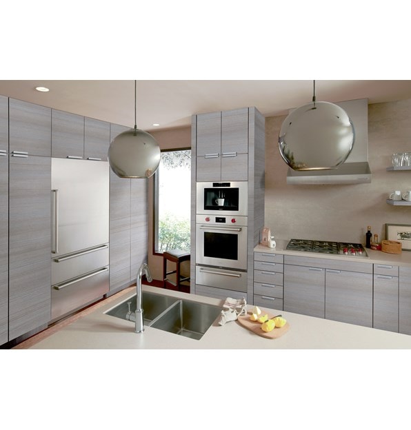 The Wolf 36" Low Profile Wall Hood (PW362210) featured in a clean modern kitchen design utilizing grey cabinetry with silver accents